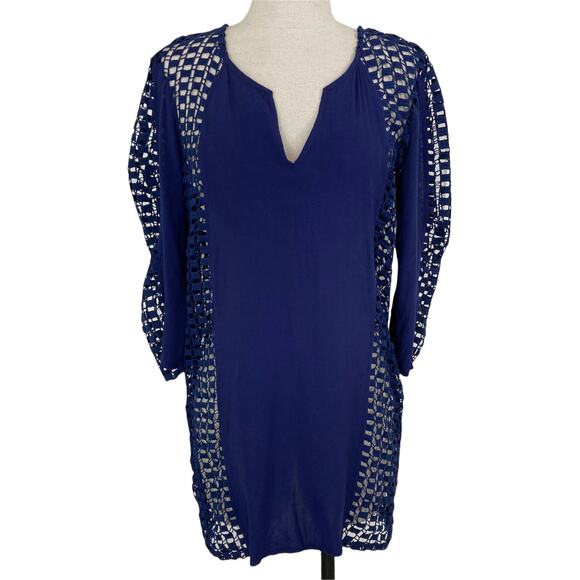 Solitaire swim beach cover-up tunic small navy open crochet sides & sleeves - Picture 1 of 5